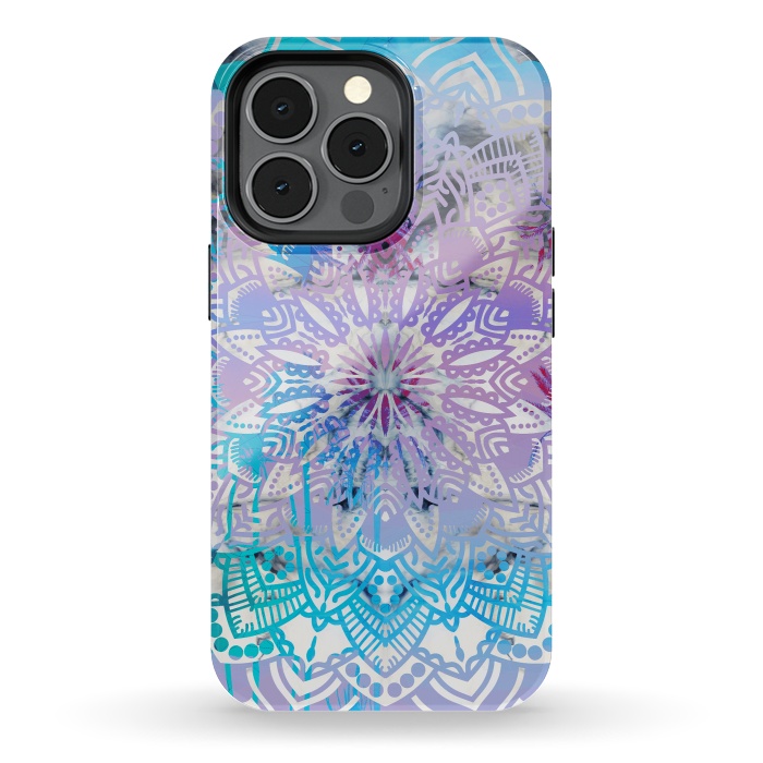 iPhone 13 pro StrongFit Blue lavender mandala drawing on white marble by Oana 