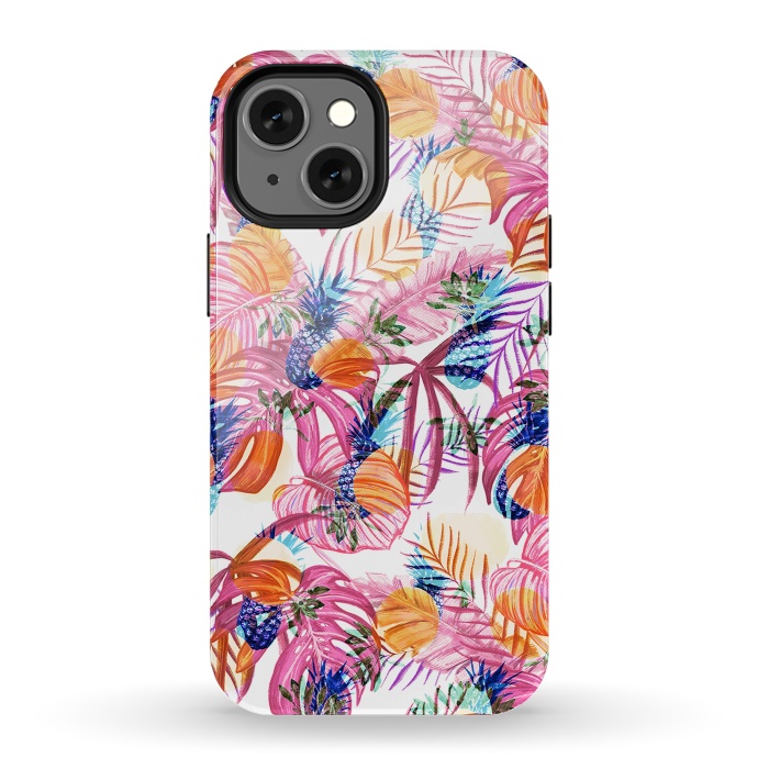 iPhone 13 mini StrongFit Pink tropical leaves and blue pineapples by Oana 