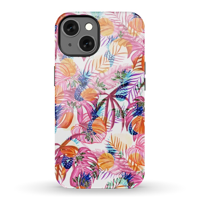 iPhone 13 StrongFit Pink tropical leaves and blue pineapples by Oana 