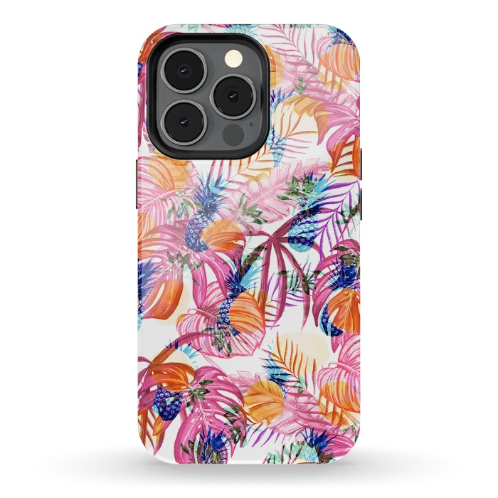iPhone 13 pro StrongFit Pink tropical leaves and blue pineapples by Oana 