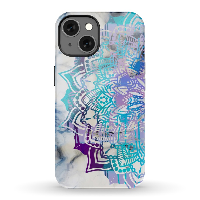 iPhone 13 StrongFit Blue purple mandala on white marble texture by Oana 