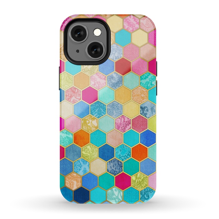 iPhone 13 mini StrongFit Patterned Honeycomb Patchwork in Jewel Colors by Micklyn Le Feuvre