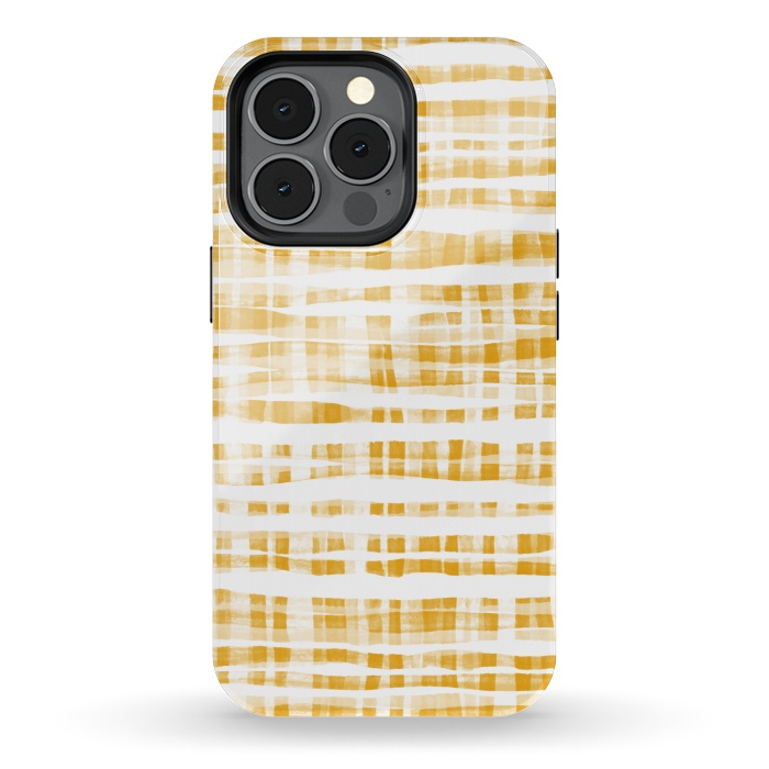 iPhone 13 pro StrongFit Happy Mustard Yellow Hand Painted Gingham by Micklyn Le Feuvre