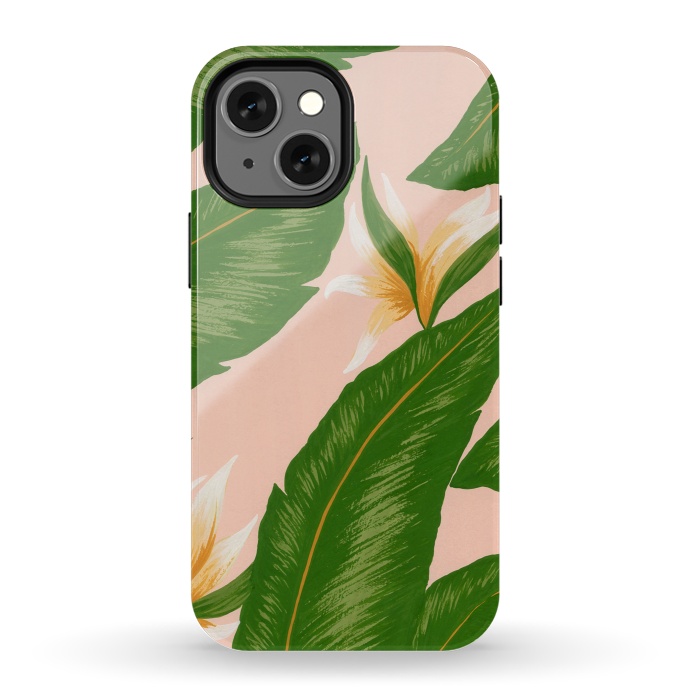 iPhone 13 mini StrongFit Pink Bird Of Paradise Jungle Floral Print by Becky Starsmore