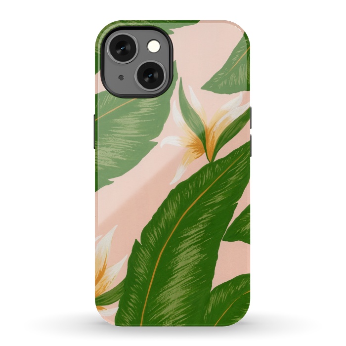 iPhone 13 StrongFit Pink Bird Of Paradise Jungle Floral Print by Becky Starsmore