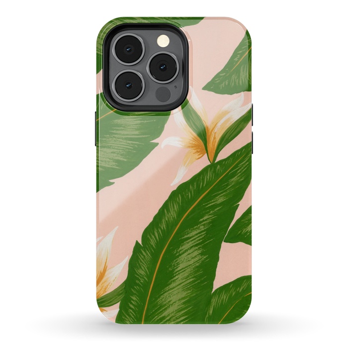 iPhone 13 pro StrongFit Pink Bird Of Paradise Jungle Floral Print by Becky Starsmore