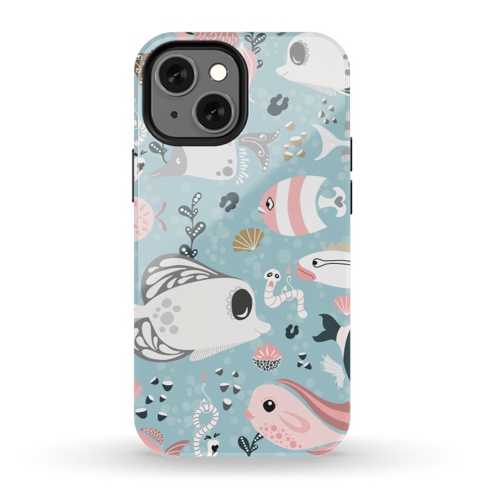 iPhone 13 mini StrongFit Funny Fish in Pink and Grey by Paula Ohreen