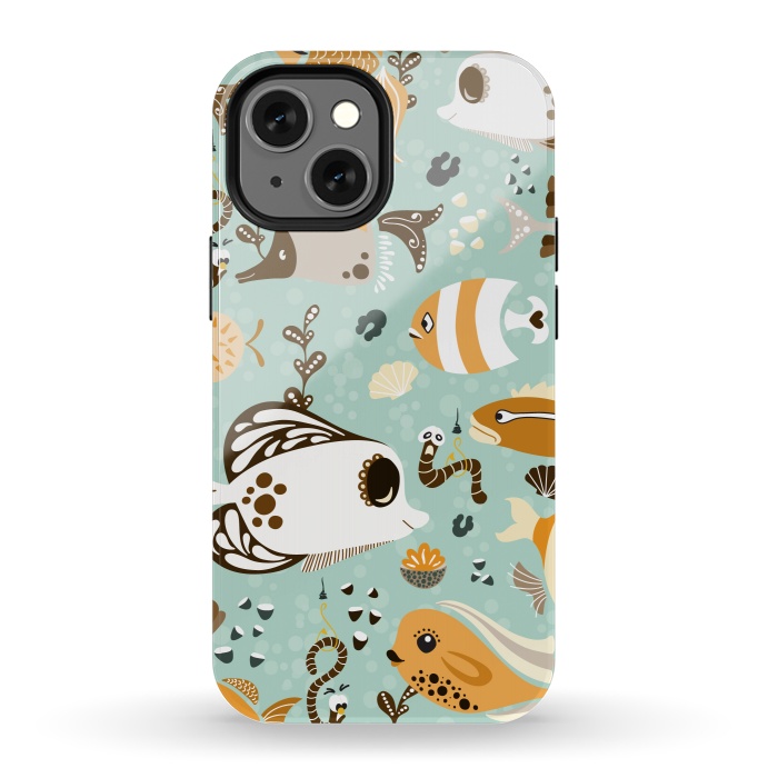 iPhone 13 mini StrongFit Funny Fish in Orange and Brown by Paula Ohreen
