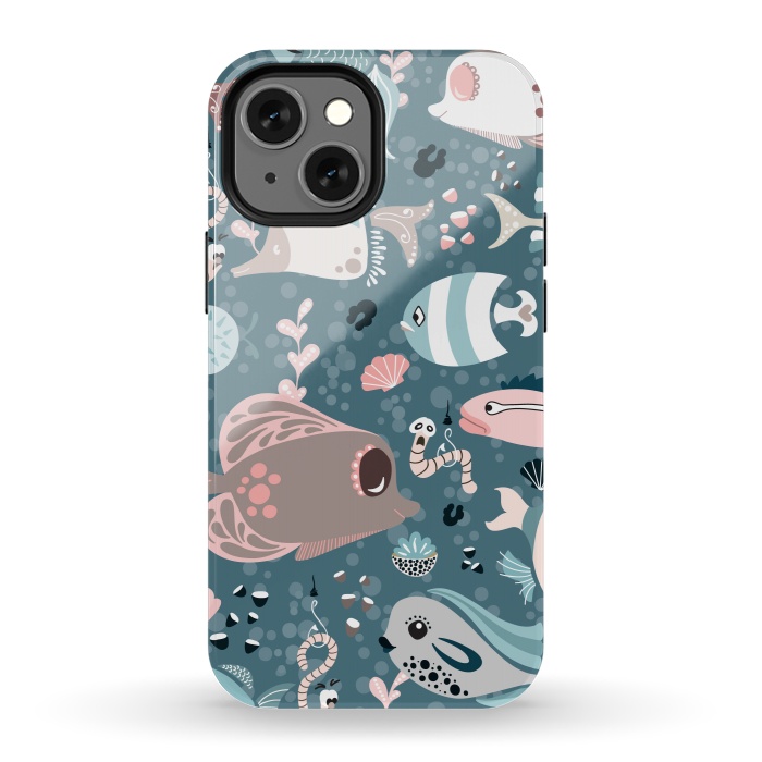 iPhone 13 mini StrongFit Funny Fish in Blue and White by Paula Ohreen