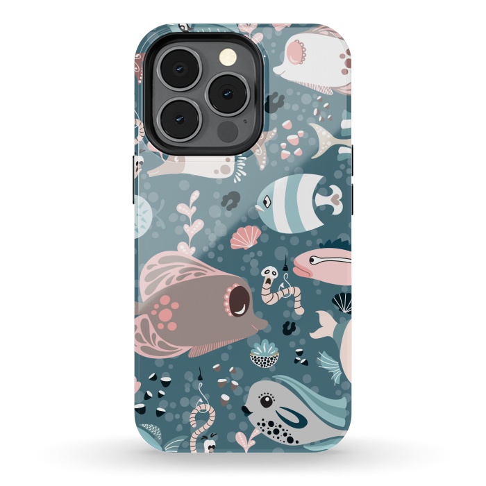 iPhone 13 pro StrongFit Funny Fish in Blue and White by Paula Ohreen