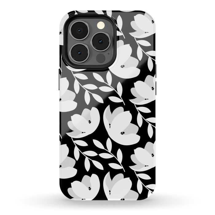 iPhone 13 pro StrongFit Black and White Floral Pattern by Allgirls Studio