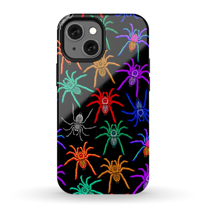 iPhone 13 mini StrongFit Spiders Pattern Colorful Tarantulas on Black by BluedarkArt