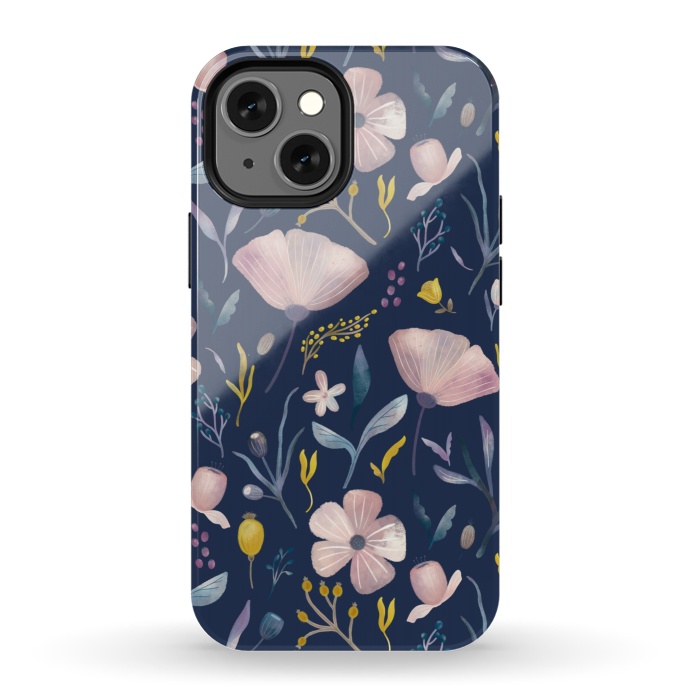 iPhone 13 mini StrongFit Delicate Pastel Floral on Blue by Noonday Design