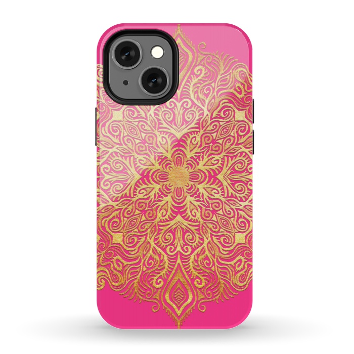 iPhone 13 mini StrongFit Ornate Gold Mandala on Hot Pink by Micklyn Le Feuvre