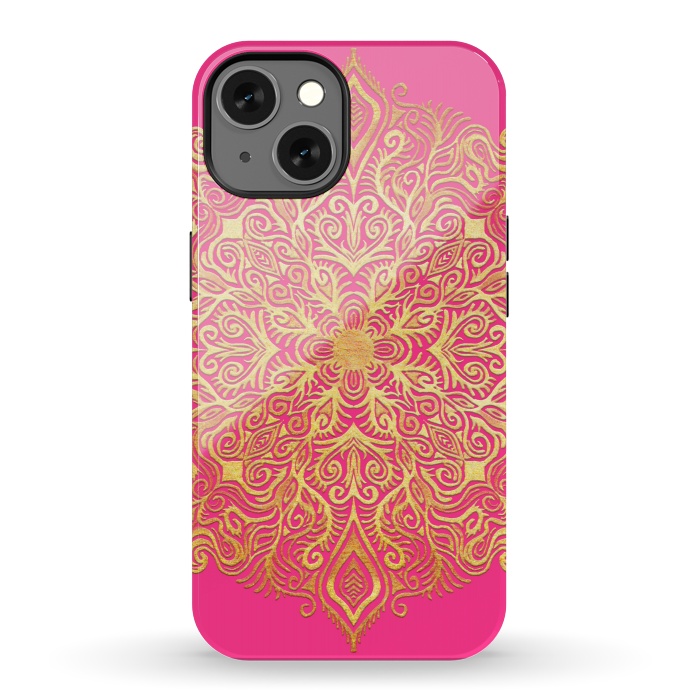 iPhone 13 StrongFit Ornate Gold Mandala on Hot Pink by Micklyn Le Feuvre