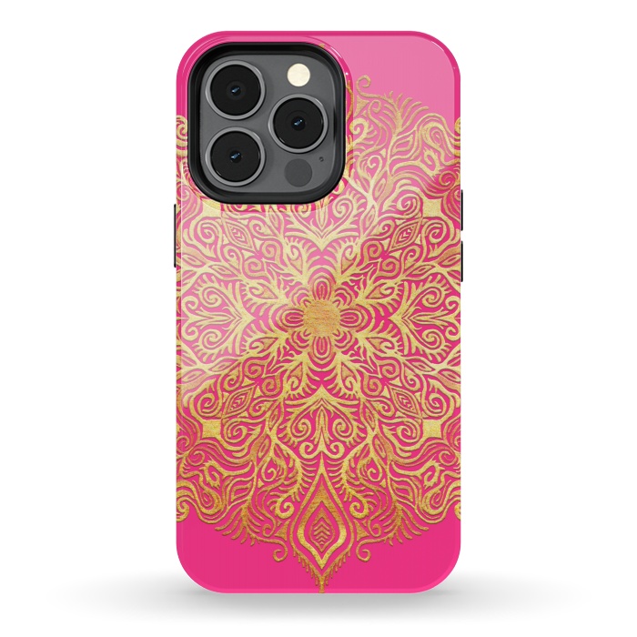 iPhone 13 pro StrongFit Ornate Gold Mandala on Hot Pink by Micklyn Le Feuvre