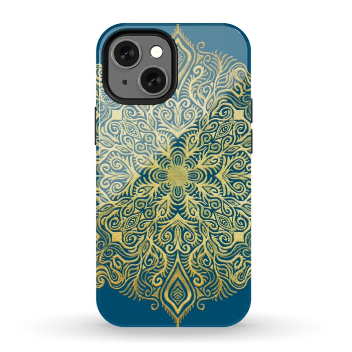 iPhone 13 mini StrongFit Ornate Gold Mandala on Deep Blue by Micklyn Le Feuvre