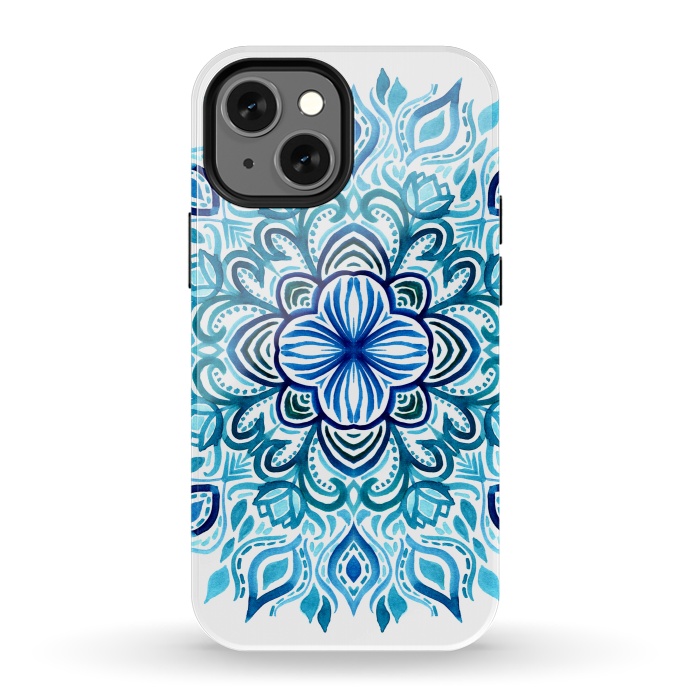 iPhone 13 mini StrongFit Watercolor Blues Lotus Mandala by Micklyn Le Feuvre