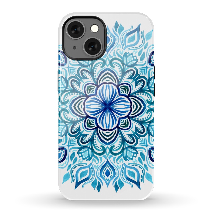 iPhone 13 StrongFit Watercolor Blues Lotus Mandala by Micklyn Le Feuvre
