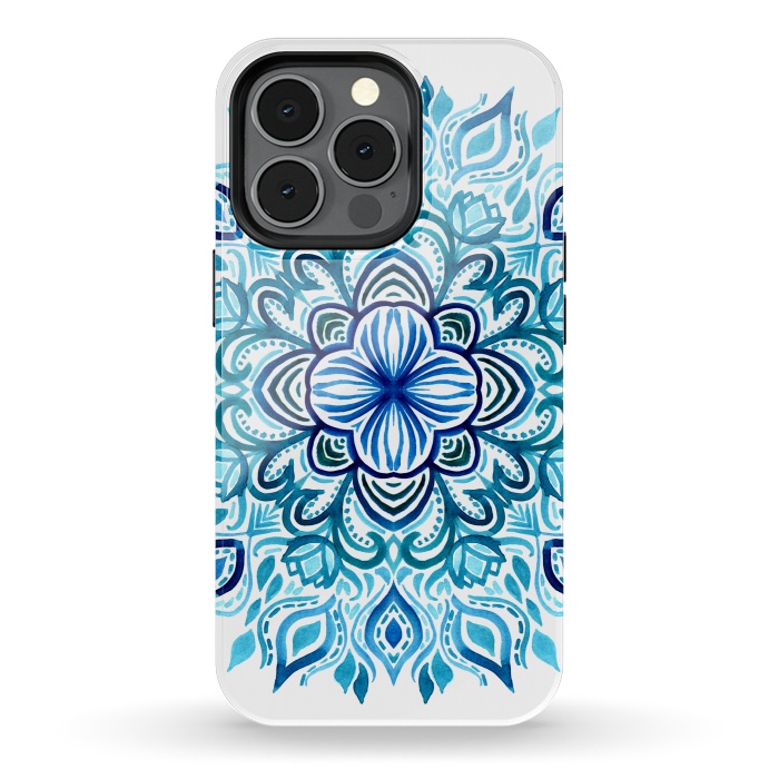 iPhone 13 pro StrongFit Watercolor Blues Lotus Mandala by Micklyn Le Feuvre