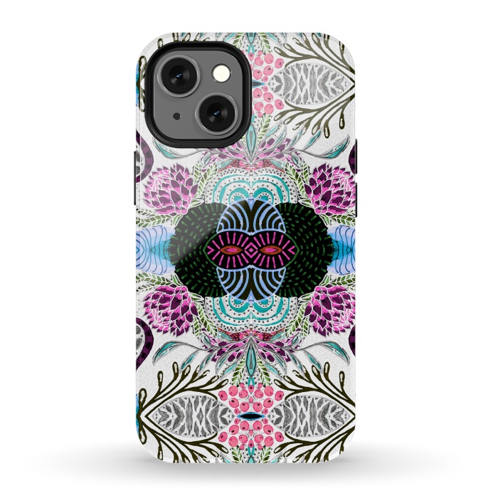 iPhone 13 mini StrongFit Whimsical tribal mask abstract design by InovArts