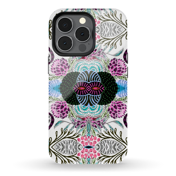 iPhone 13 pro StrongFit Whimsical tribal mask abstract design by InovArts