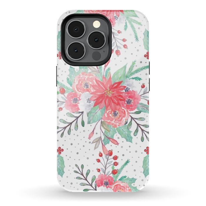 iPhone 13 pro StrongFit Pretty watercolor Christmas floral and dots design by InovArts