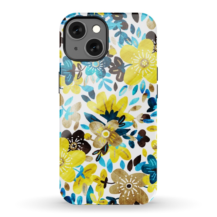 iPhone 13 StrongFit Happy Yellow & Turquoise Floral Collage by Micklyn Le Feuvre