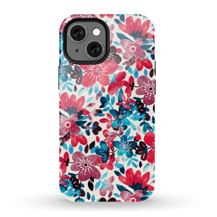 iPhone 13 mini StrongFit Cheerful Red and Blue Floral Pattern by Micklyn Le Feuvre