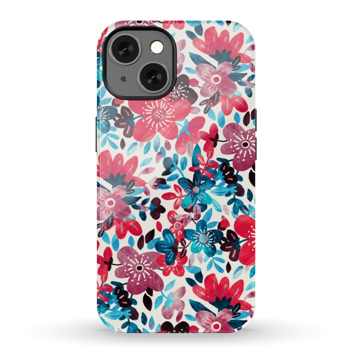 iPhone 13 StrongFit Cheerful Red and Blue Floral Pattern by Micklyn Le Feuvre
