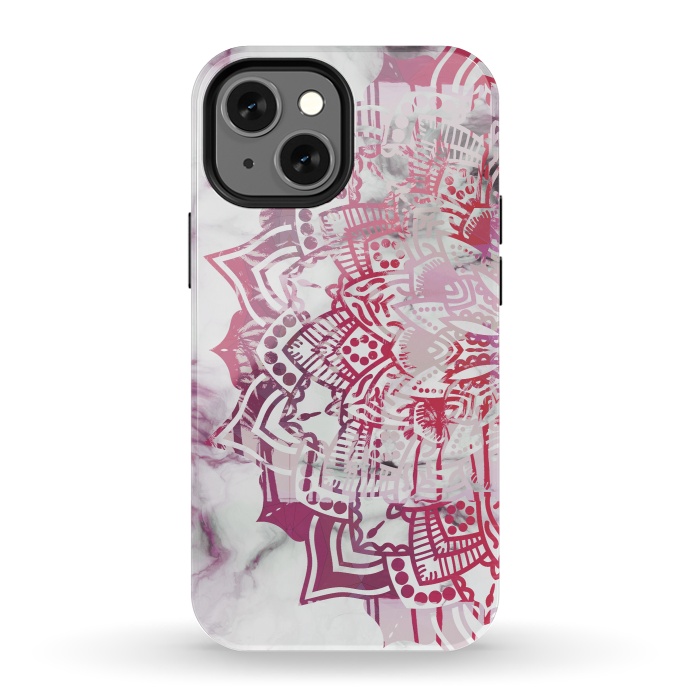 iPhone 13 mini StrongFit Red pink mandala digital painting on white marble by Oana 