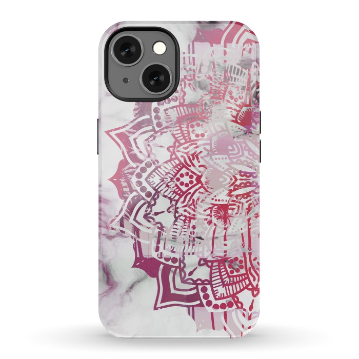 iPhone 13 StrongFit Red pink mandala digital painting on white marble by Oana 