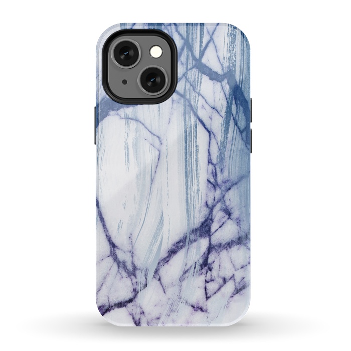 iPhone 13 mini StrongFit White marble with blue cracks brushstrokes by Oana 