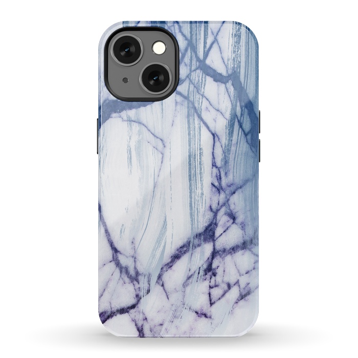 iPhone 13 StrongFit White marble with blue cracks brushstrokes by Oana 