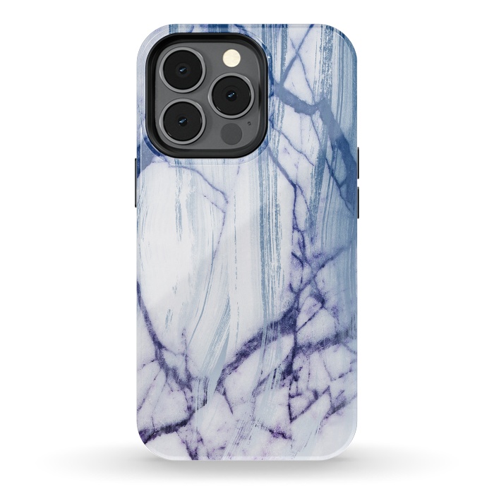 iPhone 13 pro StrongFit White marble with blue cracks brushstrokes by Oana 