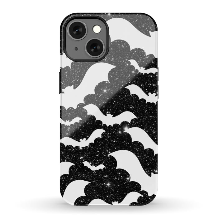 iPhone 13 StrongFit White bats on sparkly night sky stars - Halloween by Oana 