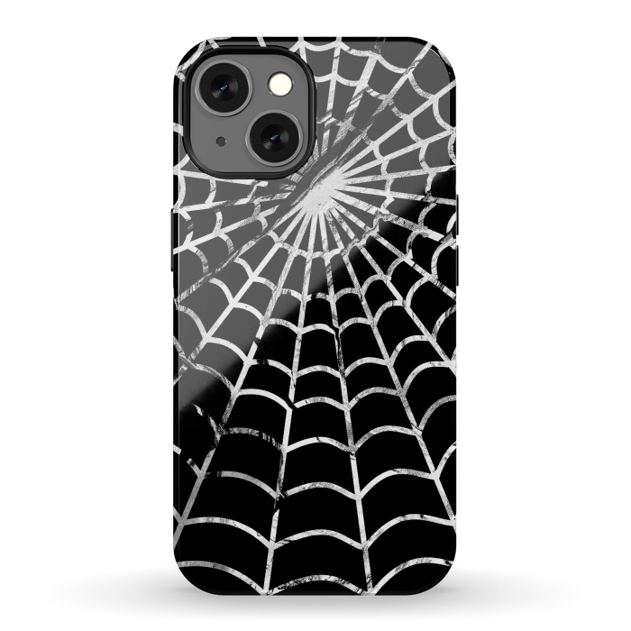iPhone 13 StrongFit Black and white textured brushed spider web - Halloween by Oana 