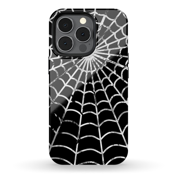iPhone 13 pro StrongFit Black and white textured brushed spider web - Halloween by Oana 