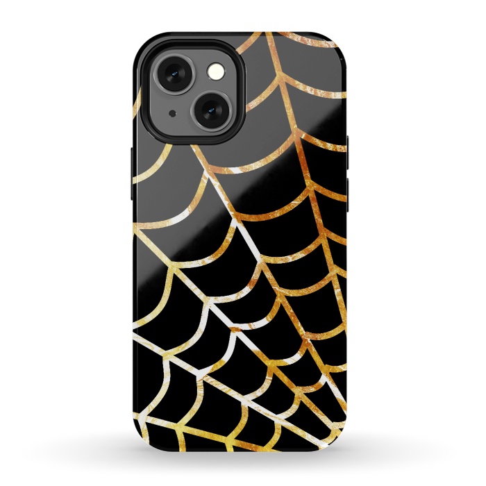 iPhone 13 mini StrongFit Golden spider web on black - line art Halloween illustration by Oana 