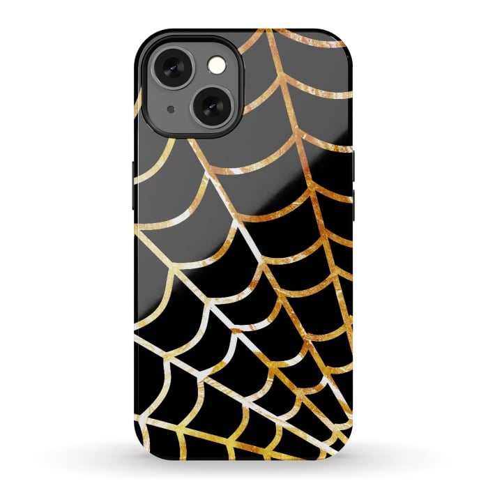 iPhone 13 StrongFit Golden spider web on black - line art Halloween illustration by Oana 