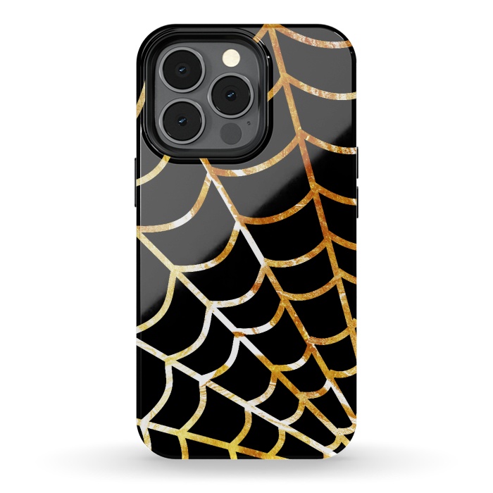 iPhone 13 pro StrongFit Golden spider web on black - line art Halloween illustration by Oana 