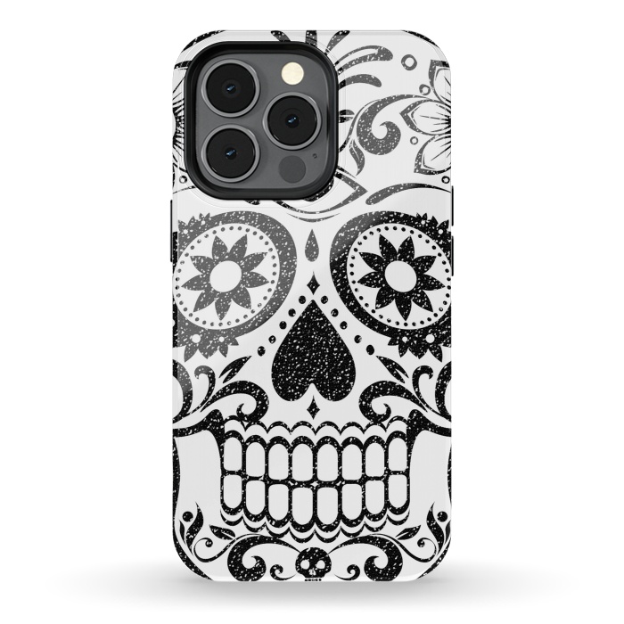 iPhone 13 pro StrongFit Black glitter decorated floral sugar skull - Halloween by Oana 