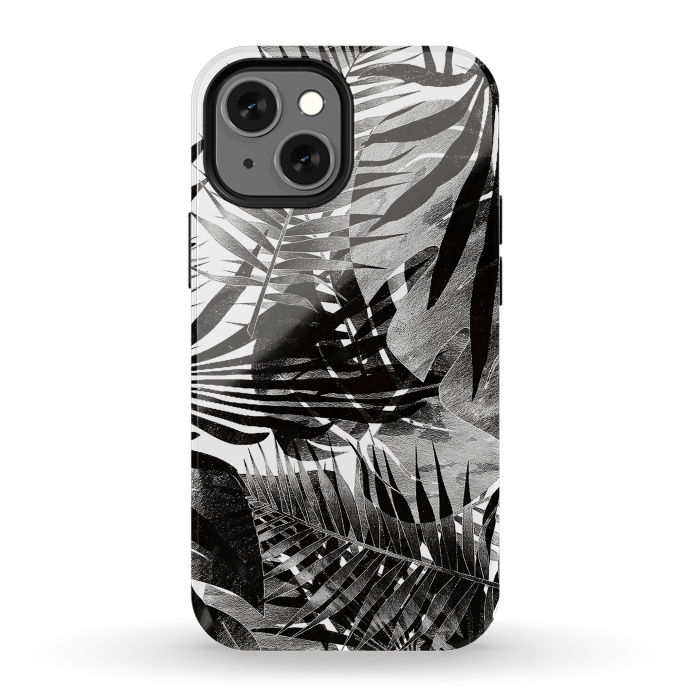 iPhone 13 mini StrongFit Black ink tropical palm and ficus leaves monochrome jungle by Oana 