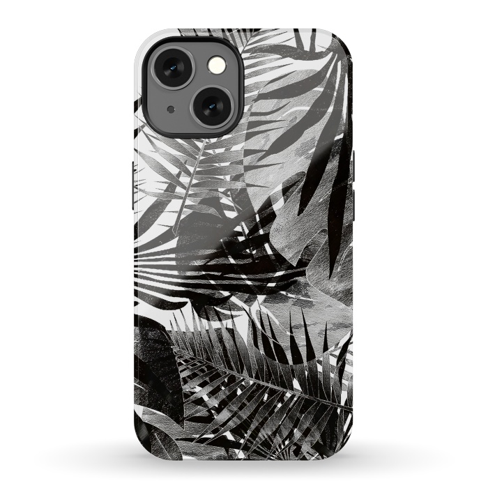 iPhone 13 StrongFit Black ink tropical palm and ficus leaves monochrome jungle by Oana 