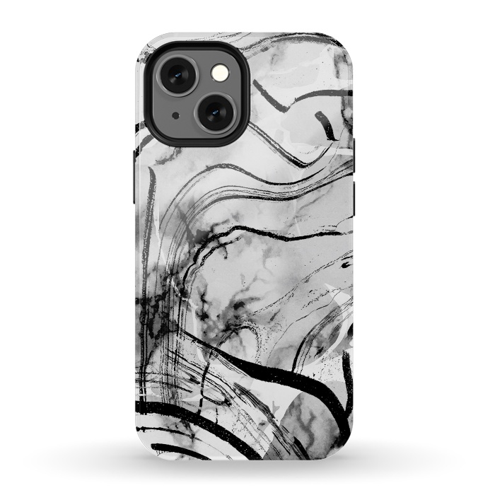 iPhone 13 mini StrongFit Minimal white gray marble with black ink brushstroke stripes by Oana 