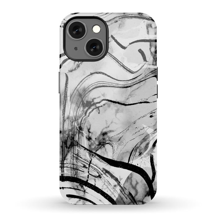 iPhone 13 StrongFit Minimal white gray marble with black ink brushstroke stripes by Oana 