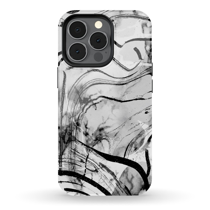 iPhone 13 pro StrongFit Minimal white gray marble with black ink brushstroke stripes by Oana 
