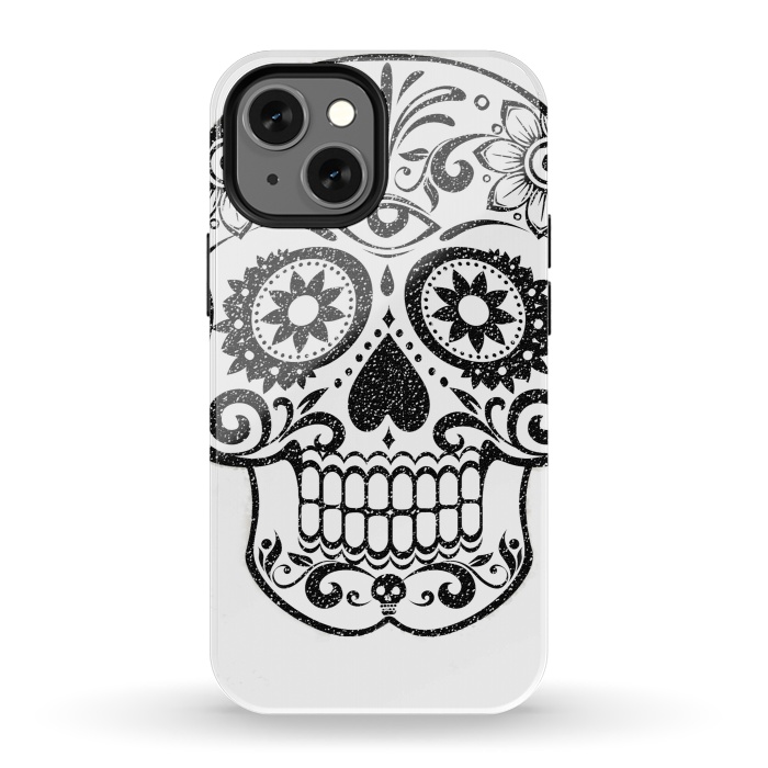 iPhone 13 mini StrongFit Day of the Dead floral black glitter sugar skull by Oana 