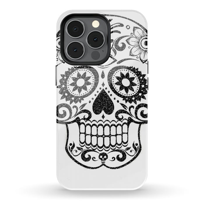 iPhone 13 pro StrongFit Day of the Dead floral black glitter sugar skull by Oana 