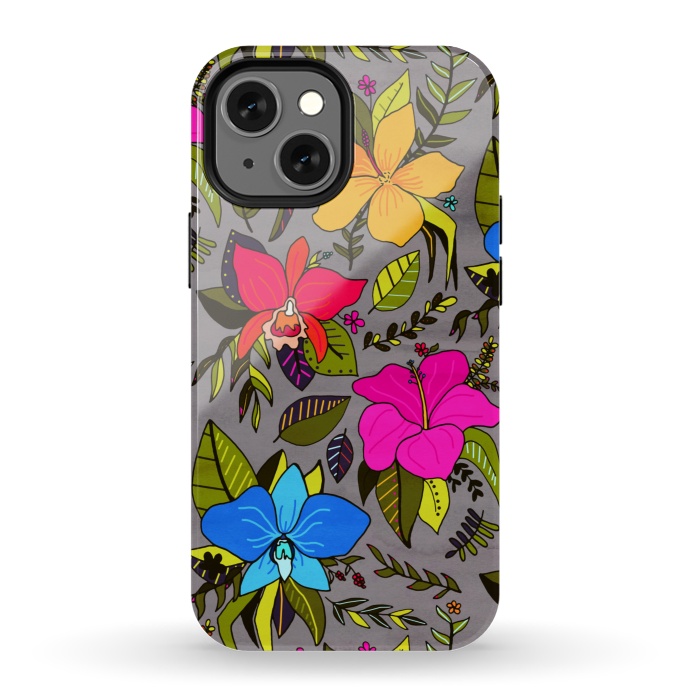 iPhone 13 mini StrongFit Tropical Floral On Grey  by Tigatiga